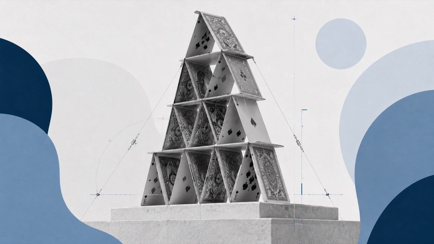Kartenhaus auf einem Sockel, mit Spanndrähten stabilisiert wie ein Bauwerk – Sinnbild für ein Marketing, das ohne Architekt zusammenhalten soll.