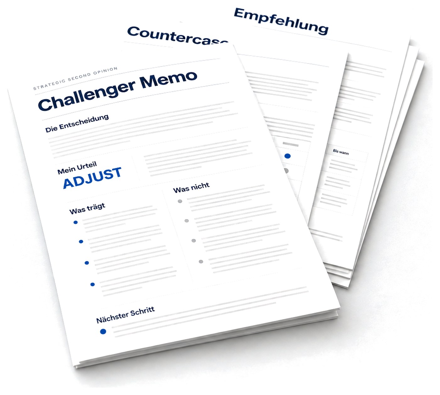 Challenger Memo als gedruckter Stapel: Memo mit dem Urteil ADJUST obenauf, dahinter Countercase und Empfehlung