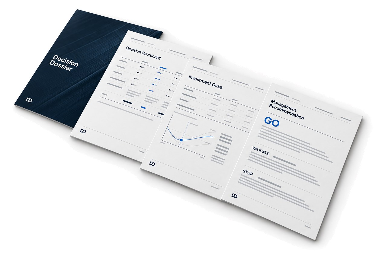 Decision Dossier perspektivisch: Cover, Decision Scorecard, Investment Case und Management Recommendation mit dem Urteil GO