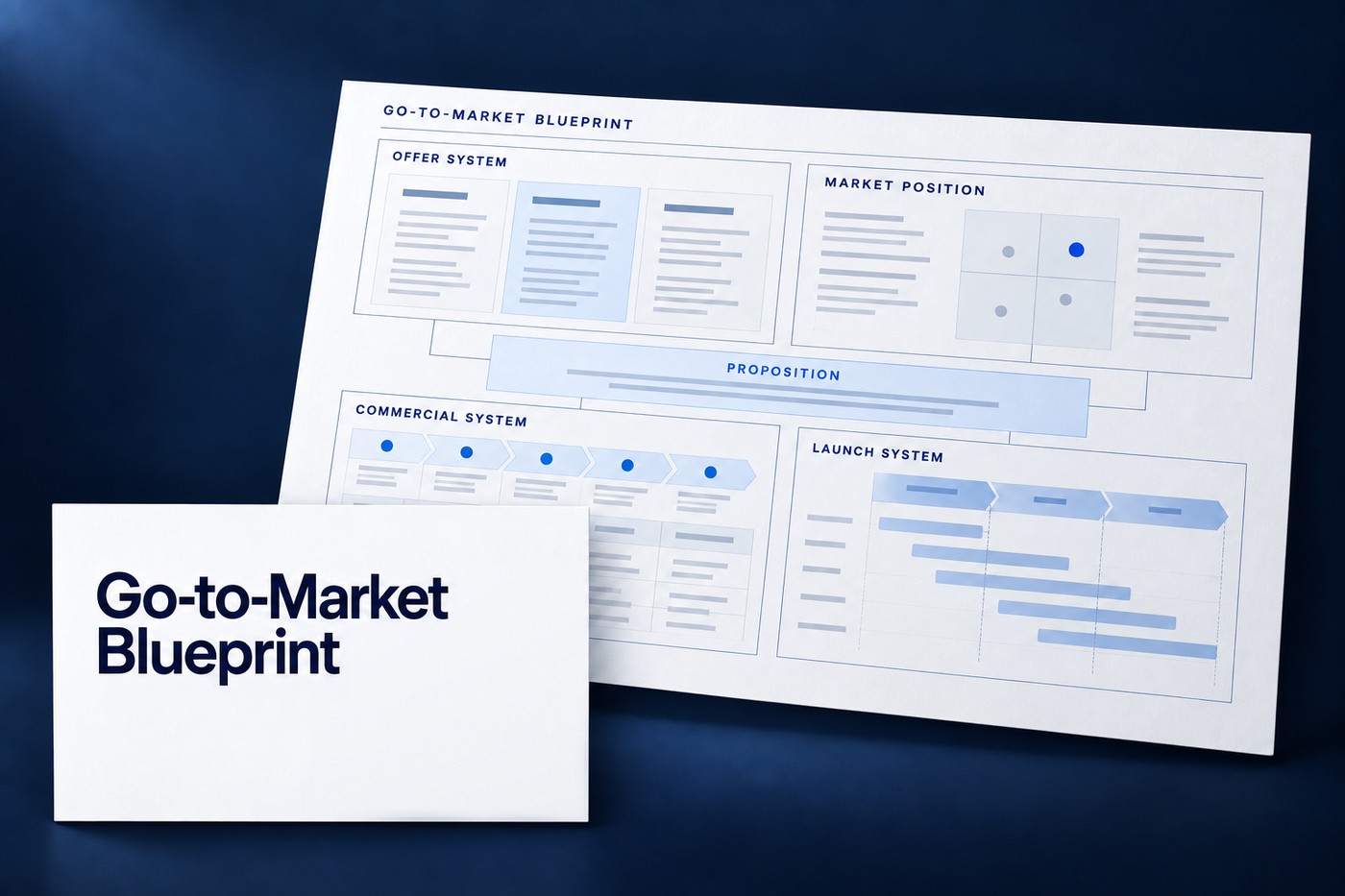 Go-to-Market Blueprint auf dunkelblauem Grund, davor eine weiße Cover-Karte mit dem Titel Go-to-Market Blueprint